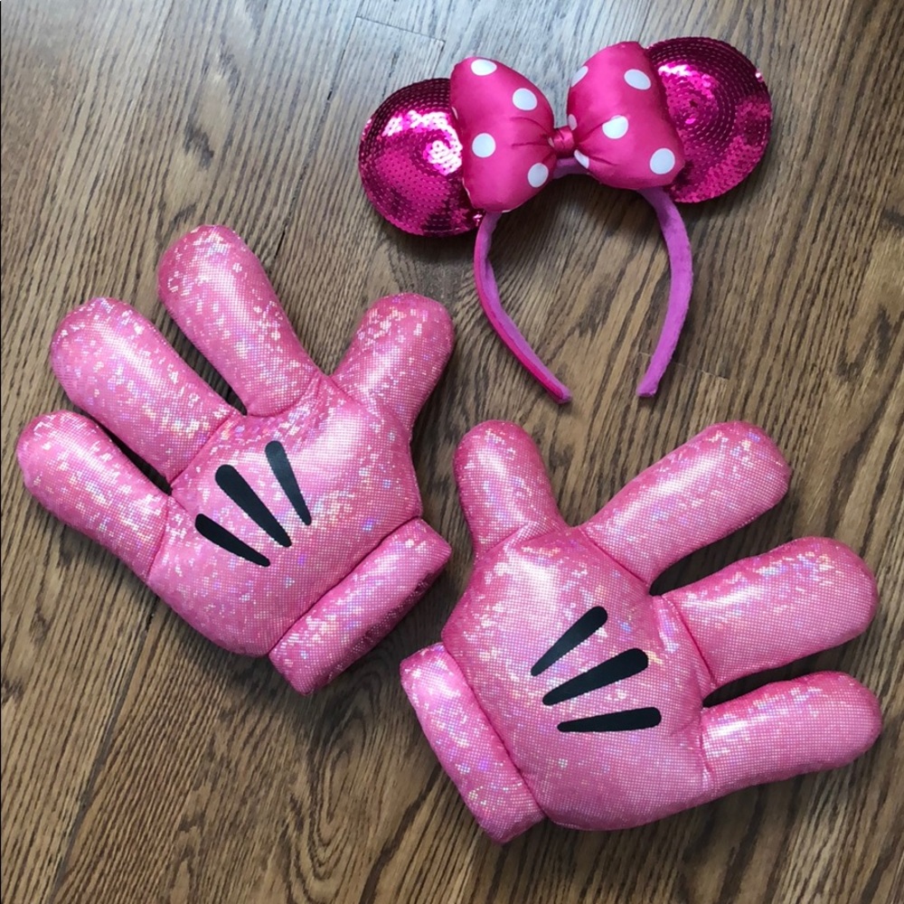 Disney Pink Sequin Minnie Ears Headband with Pink Sequin Mickey Gloves